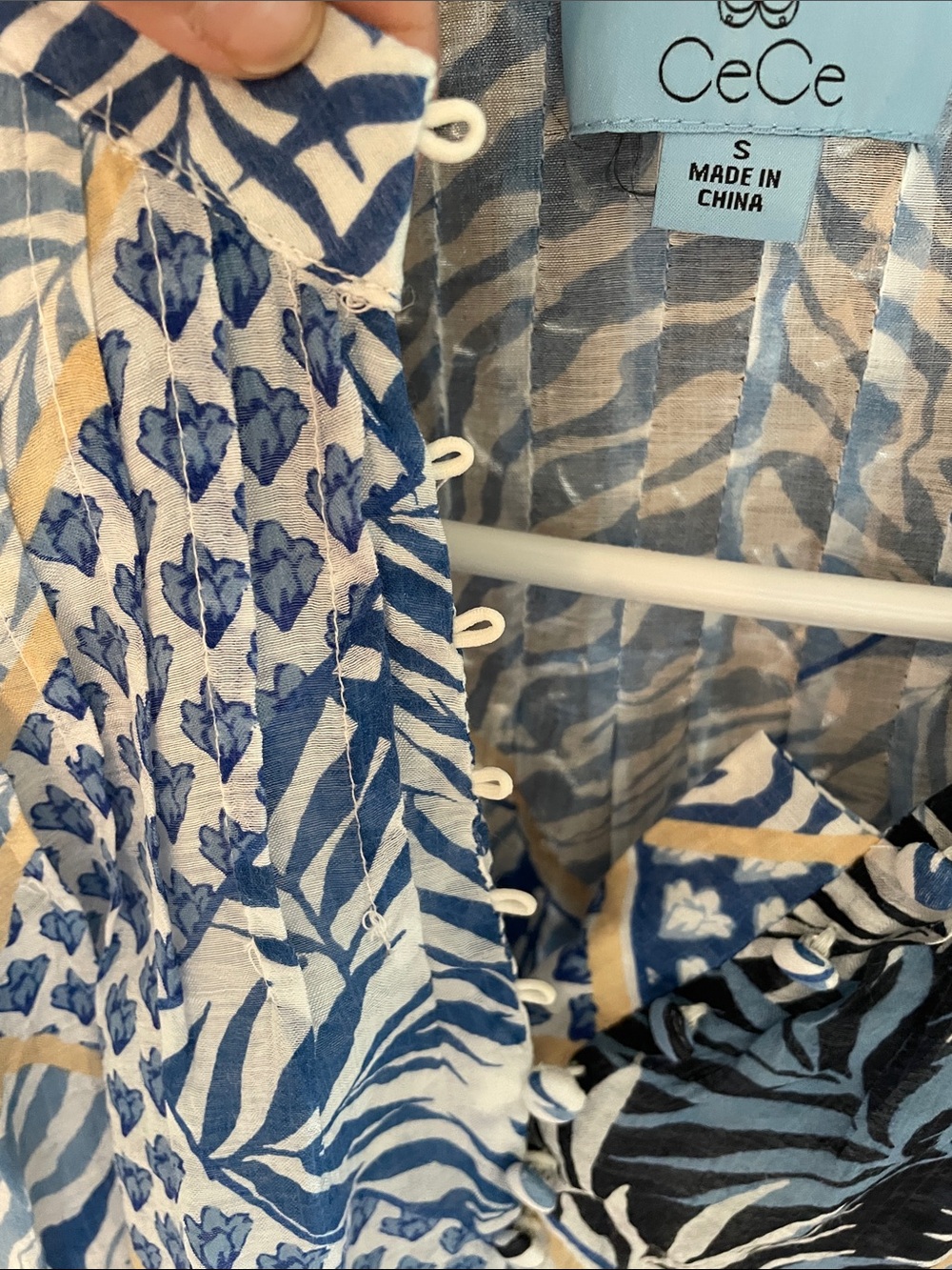 CeCe Blue, White & Tan Patchwork Print Button Blouse - Picture 3 of 6
